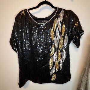 Vintage Sequin Short-Sleeve Blouse with Gold & Silver Accents 100% Silk Lining